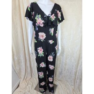 Roz & Ali Black Floral Ruffle V-Neck Wide Leg Jumpsuit Womens Size 12 Pink Green